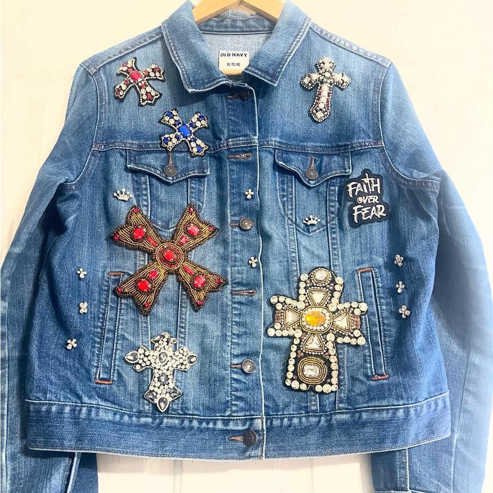 Embellished Denim Jacket with Rhinestone and Beaded Crosses